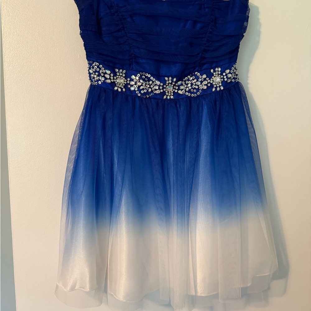 Deb Strapless Sweetheart Blue and White Homecoming  Dress
